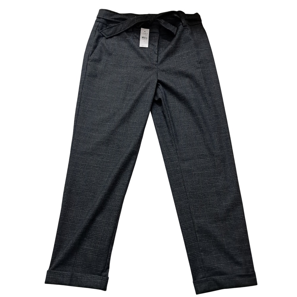 NWT LOFT Pants Women's‎ 8 Gray Plaid Straight Leg Tie Waist Stretch Work Career